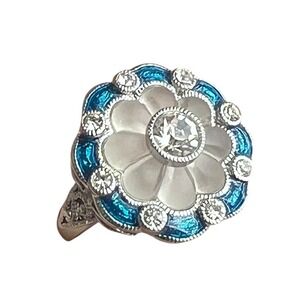 LC Tiffany Art Deco Blue Enamel White Frost Flower Silver Tone Size 7 Ring